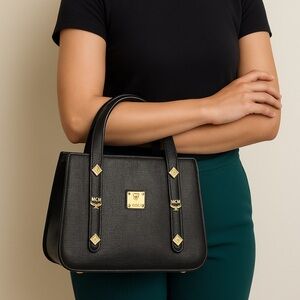Vintage MCM‎ Structured Black Leather Satchel – Gold Hardware – Rare Style E7844
